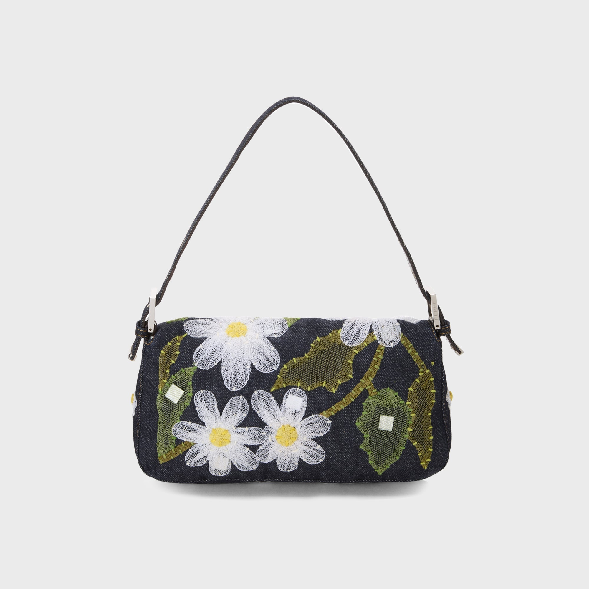 WGACA Fendi Denim Floral Embroidered Mama Baguette Shoulder Bag