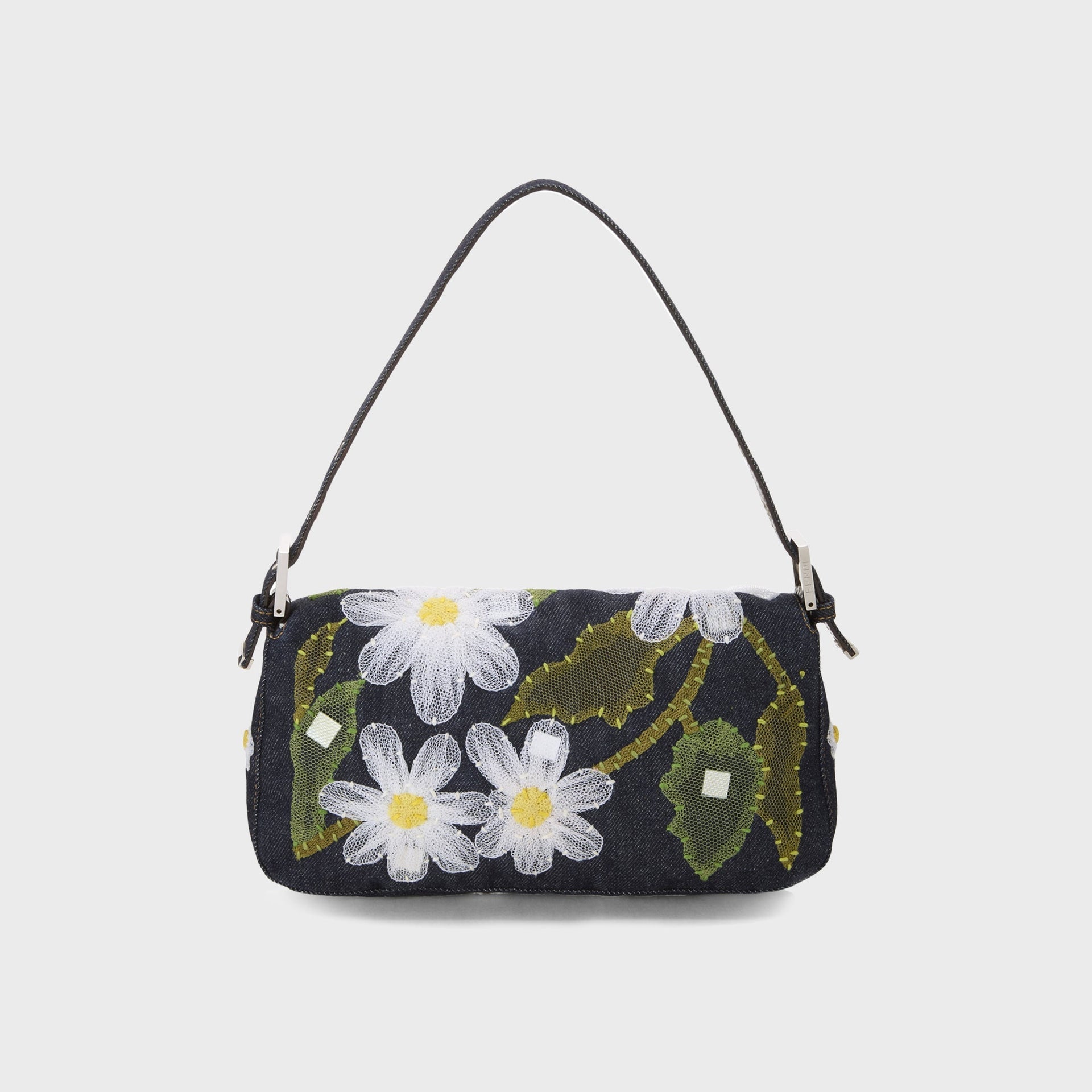 WGACA Fendi Denim Floral Embroidered Mama Baguette Shoulder Bag - Navy