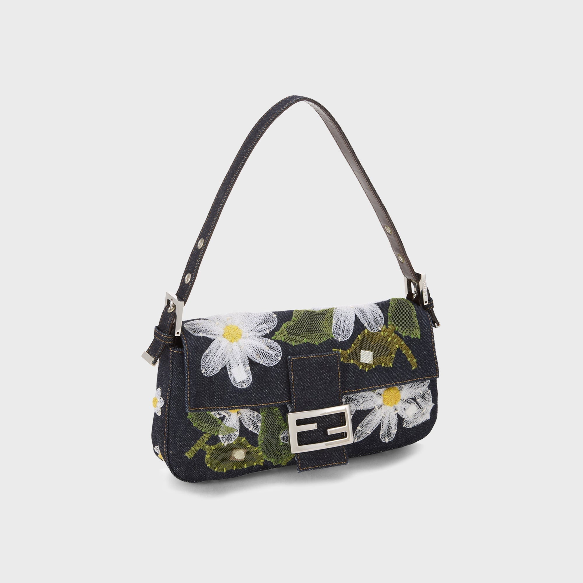 WGACA Fendi Denim Floral Embroidered Mama Baguette Shoulder Bag