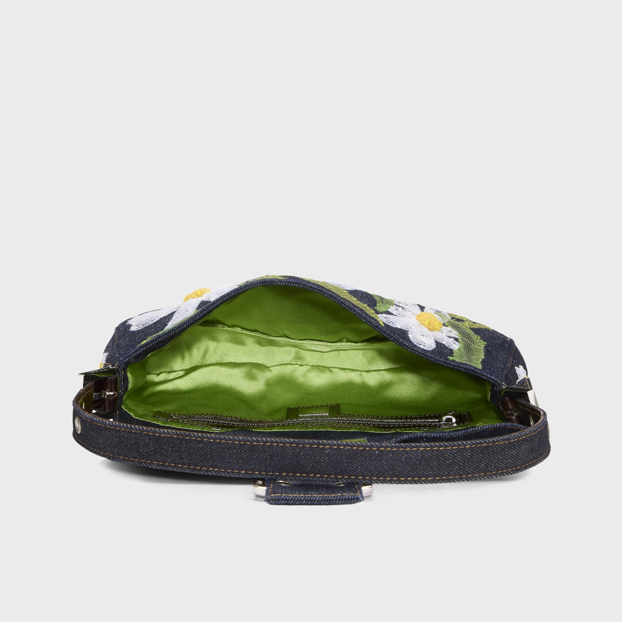 WGACA Fendi Denim Floral Embroidered Mama Baguette Shoulder Bag
