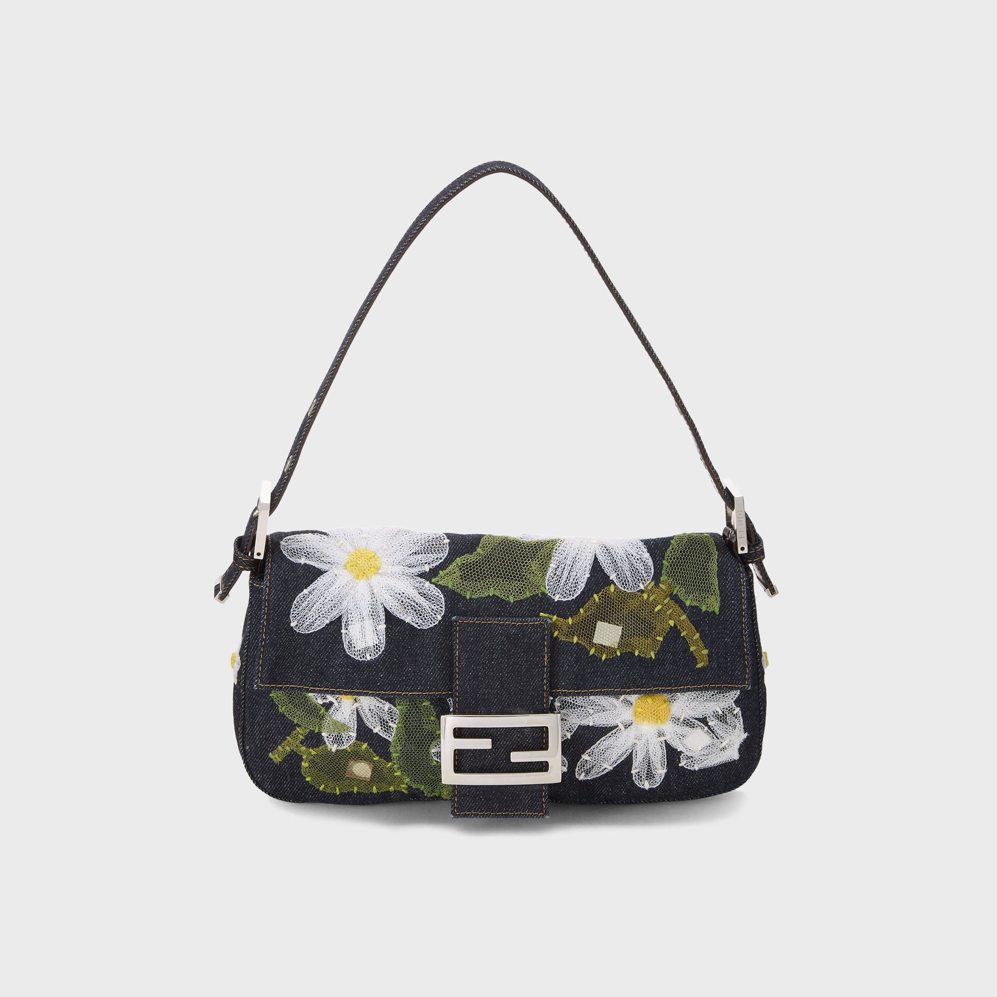 WGACA Fendi Denim Floral Embroidered Mama Baguette Shoulder Bag
