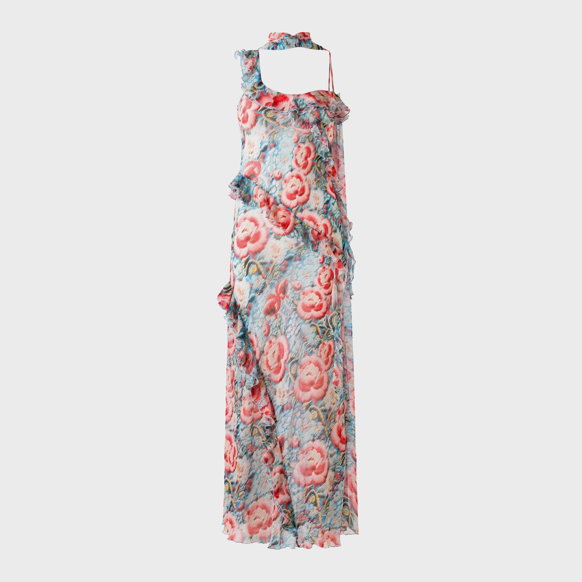 Siedres Ruffled Chiffon Maxi Dress with Scarf Detail in Multi
