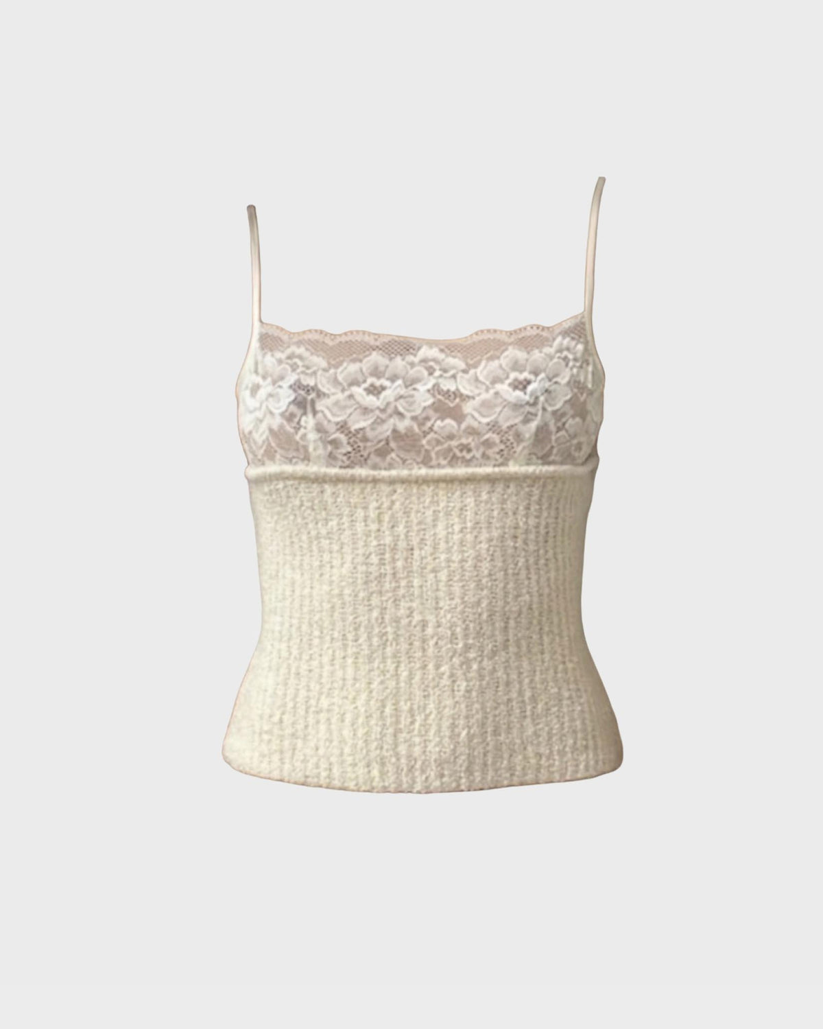 Aya Muse cream ribbed knit camisole with lace trim neckline and thin straps, front view on light gray