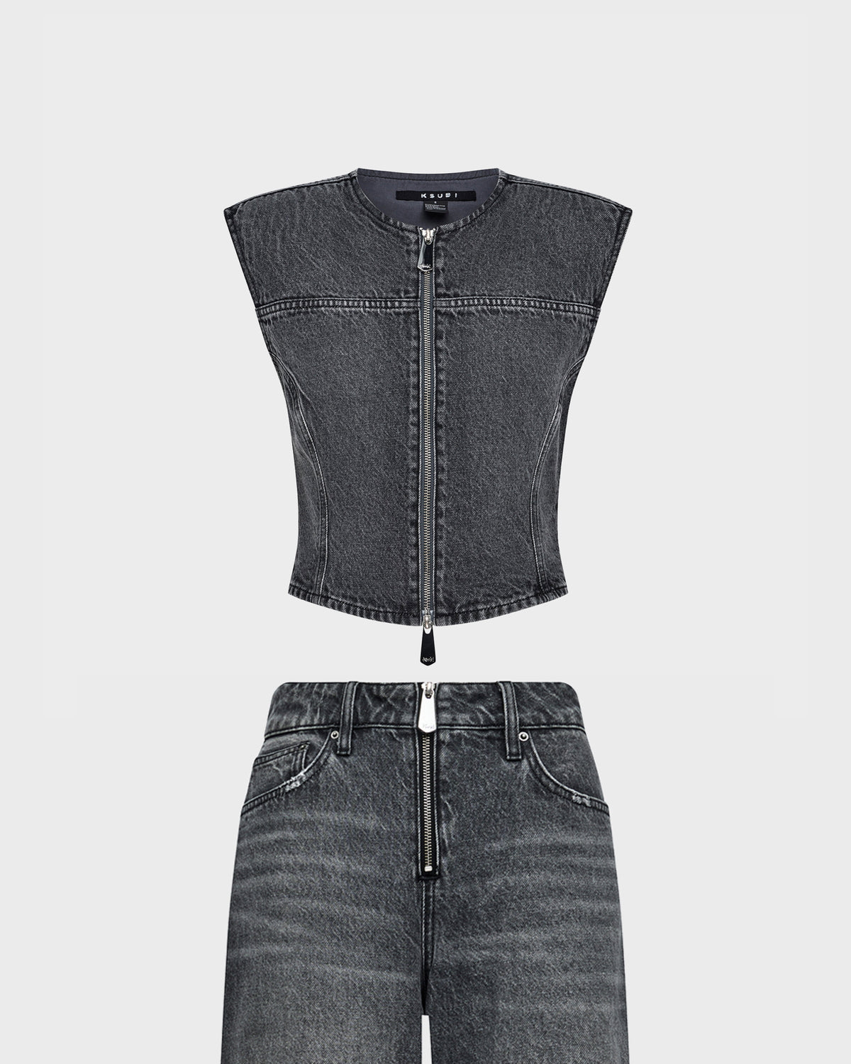 Ksubi women's black washed denim zip-front vest and matching wide-leg jeans with zip fly, front flat view