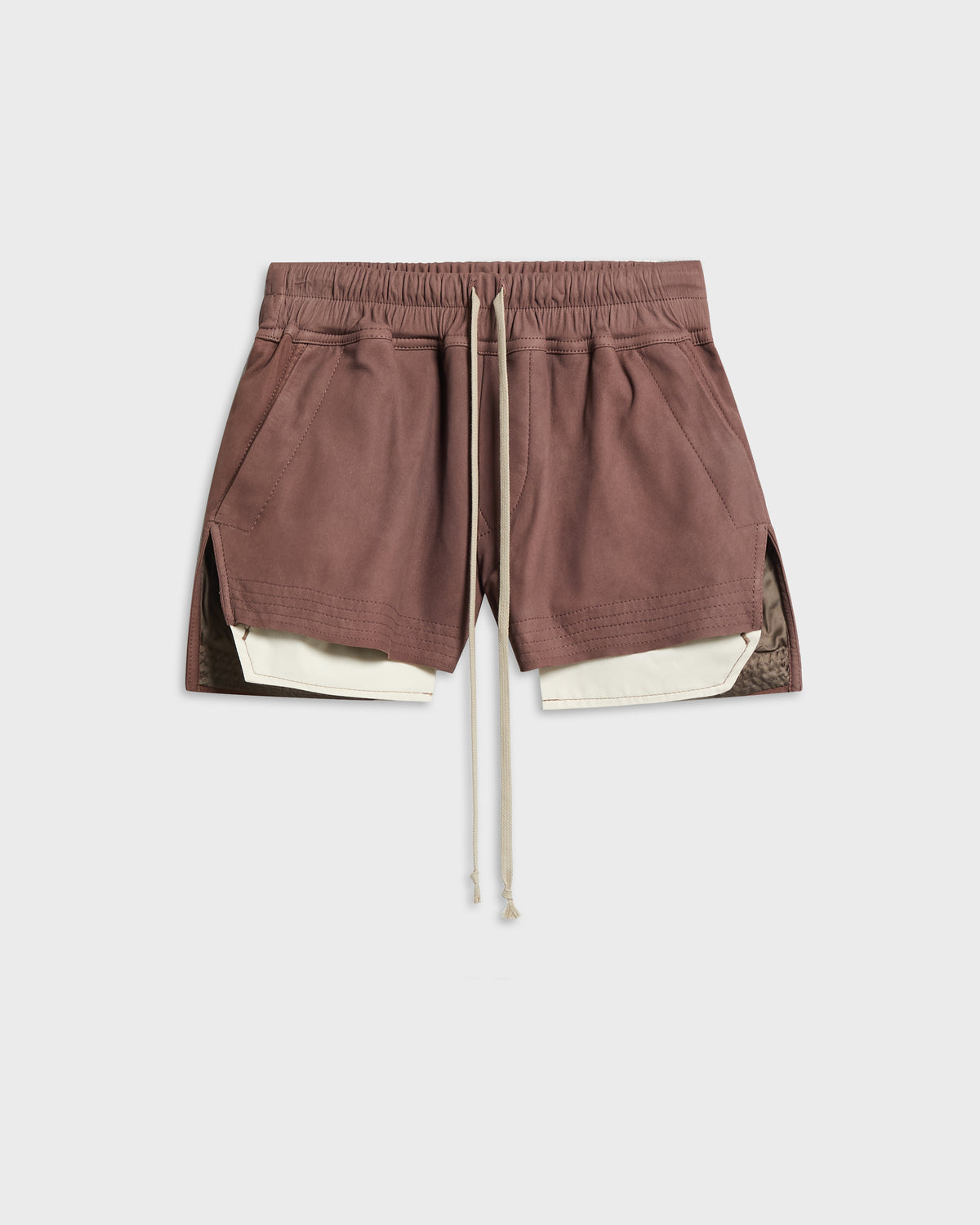 Rick Owens mauve leather drawstring shorts with cream trim, front view