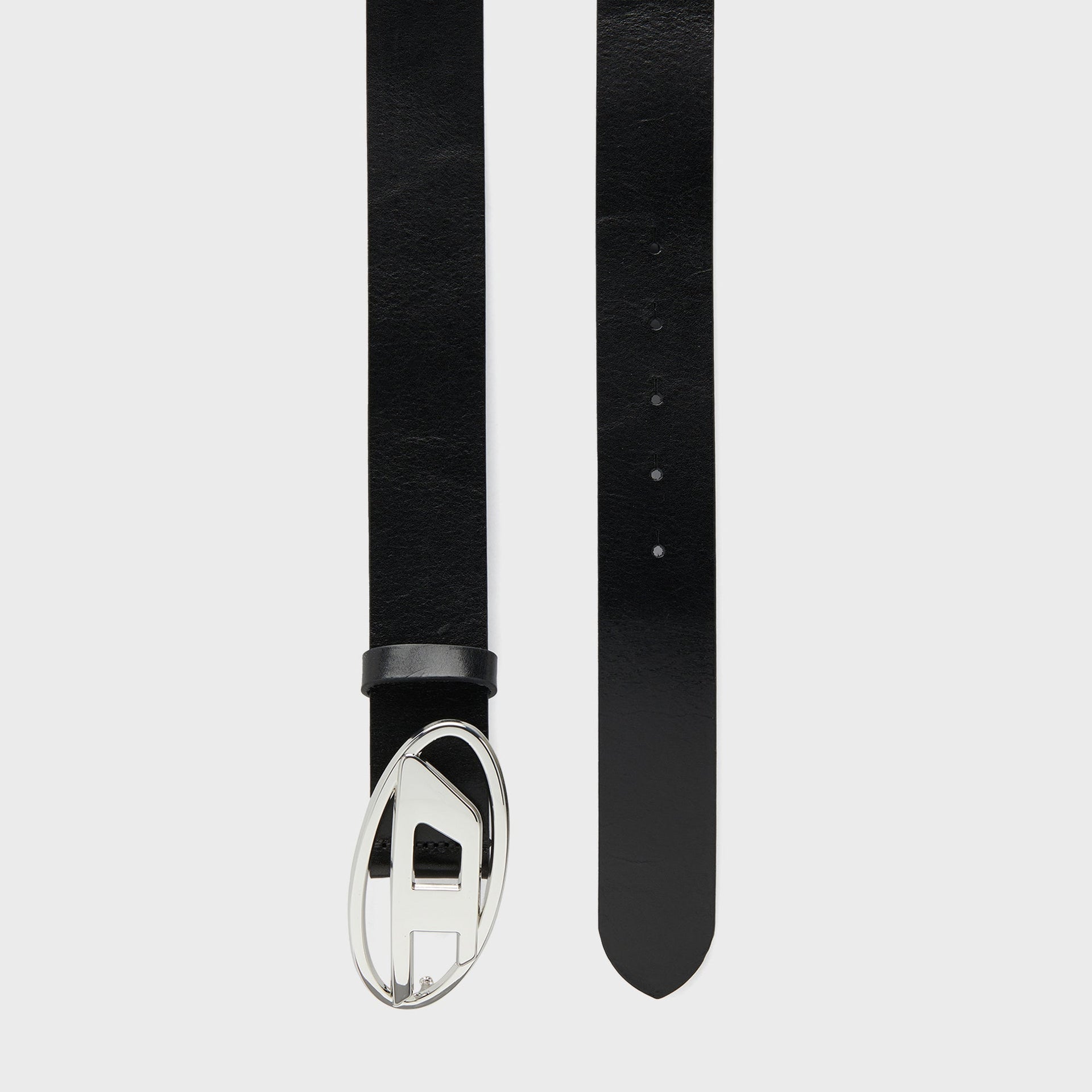 Diesel Leather Belt With Shiny Oval D Logo Buckle - Black / Silver