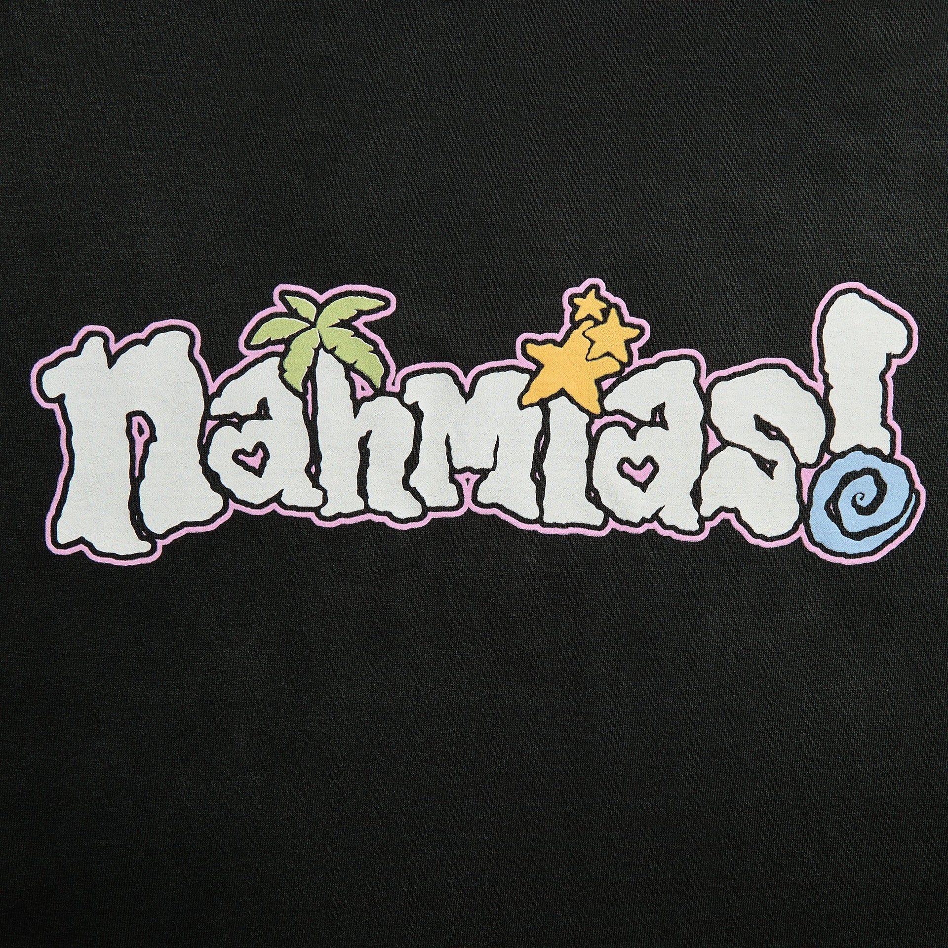Close-up of the nahmias! bubble-letter chest print with palm tree, yellow stars and blue swirl on aged black