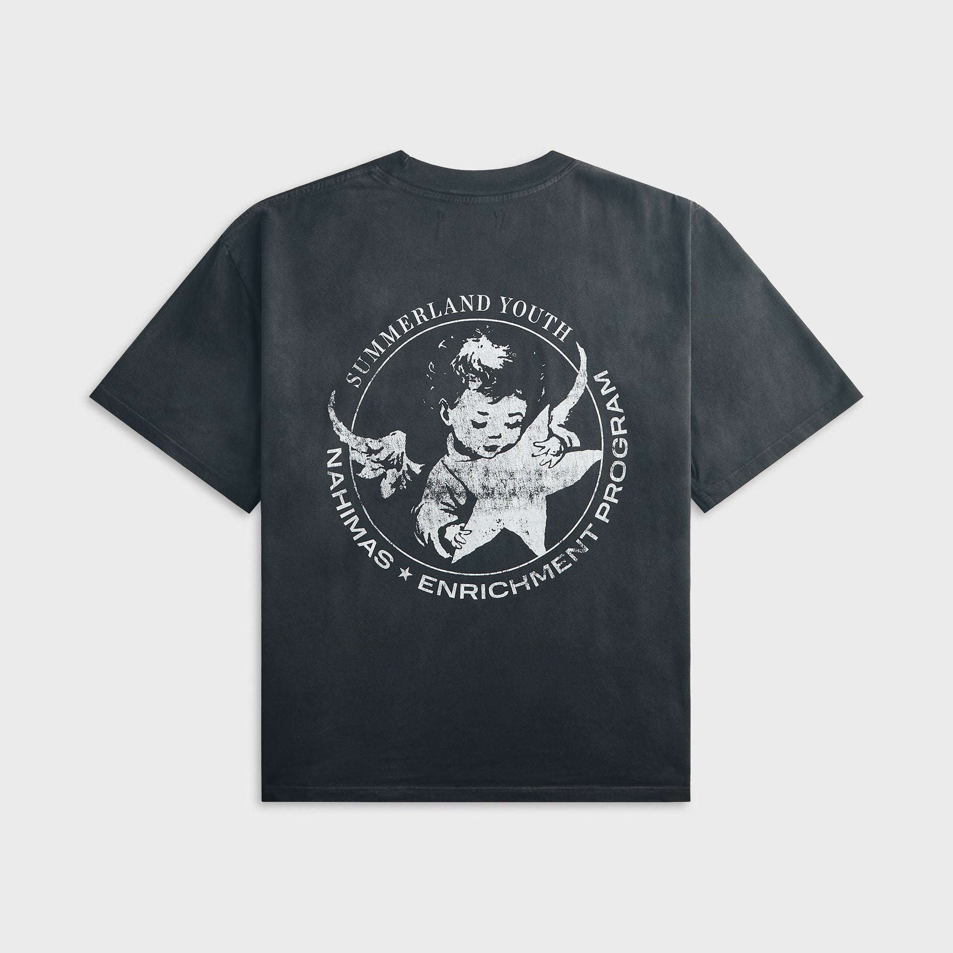 NAHMIAS Youth Enrichment Program aged black boxy tee, back view with large white cherub and star Summerland Youth crest
