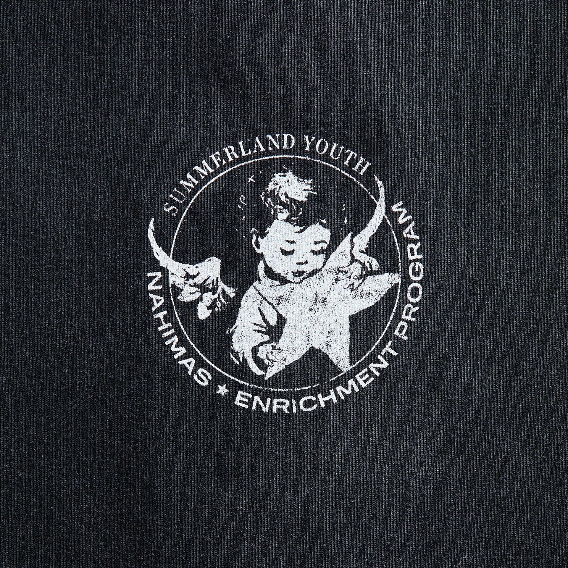 Close-up of NAHMIAS crest: white cherub angel with star and Summerland Youth Enrichment Program lettering on faded black