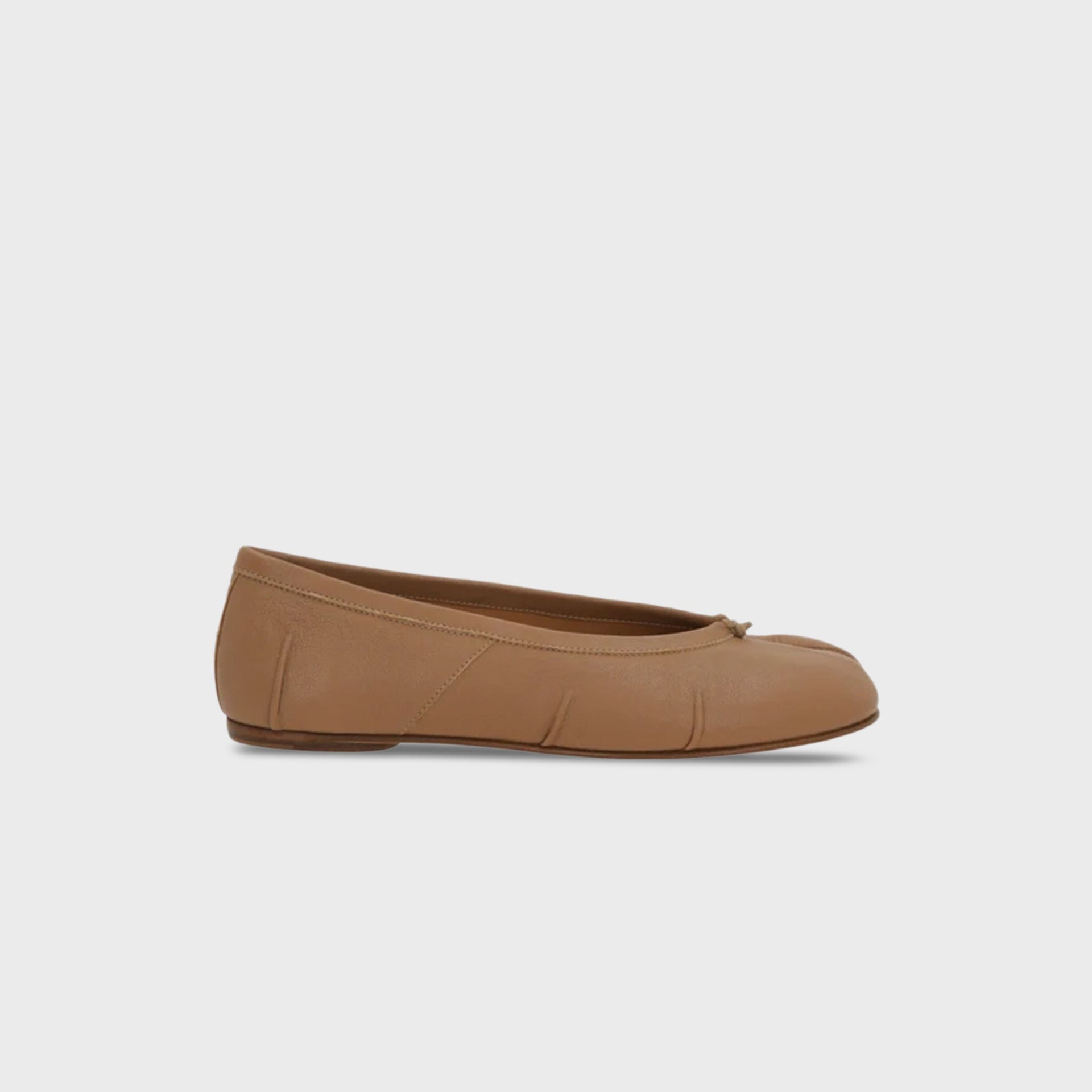 Maison Margiela WMNS Tabi ballerina flat in nude tan leather with split cloven toe, lateral side view