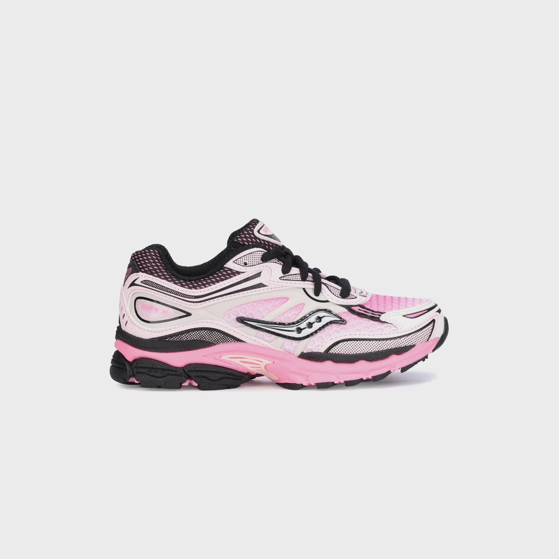Saucony PS Omni 9 KDZ sneaker in pink and white, lateral side view with salmon midsole and black laces