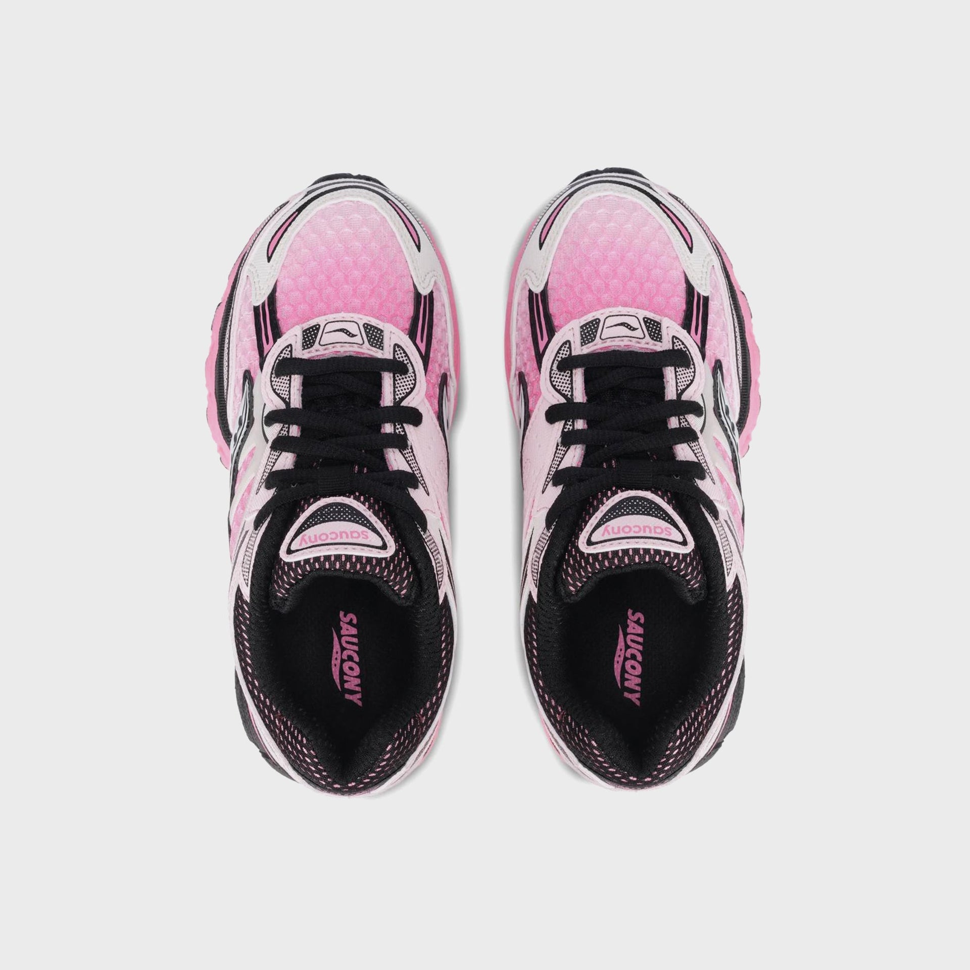 Saucony PS Omni 9 KDZ sneakers top-down view showing black laces and Saucony tongue labels
