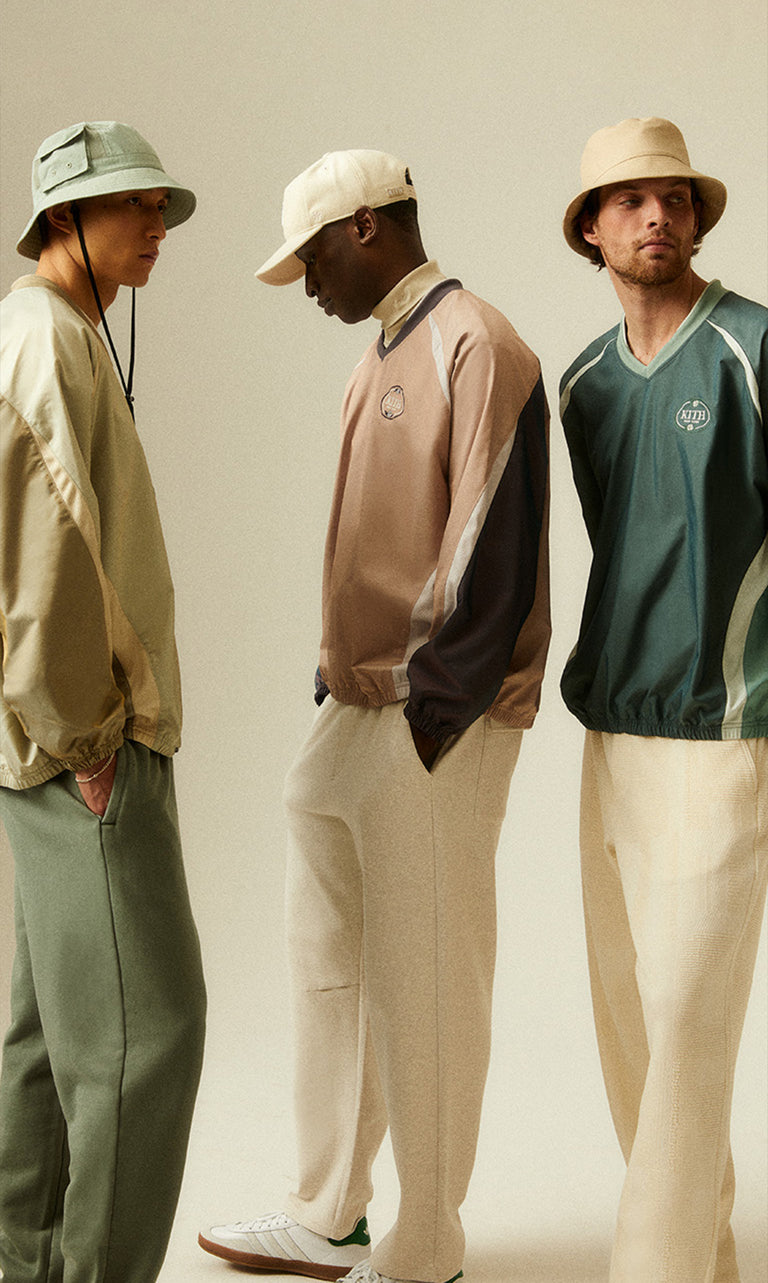 
        The Kith Spring 2024 menswear collection, including hats, pullover crewneck sweatshirts, pants, and adiads sneakers. 
      
