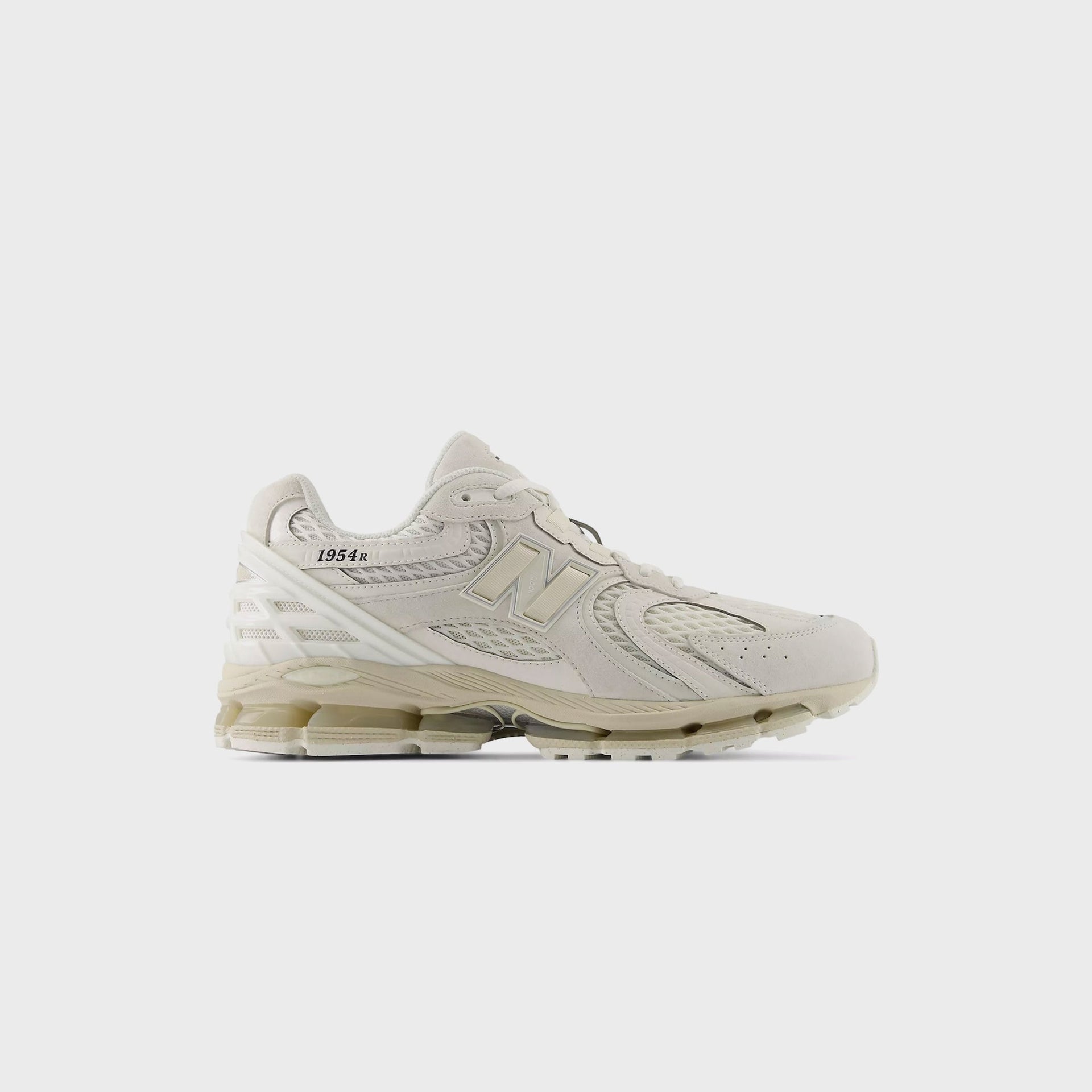 New Balance 1954R in tonal sea salt cream with suede and mesh, tonal N logo and 1954R heel branding, lateral outer view