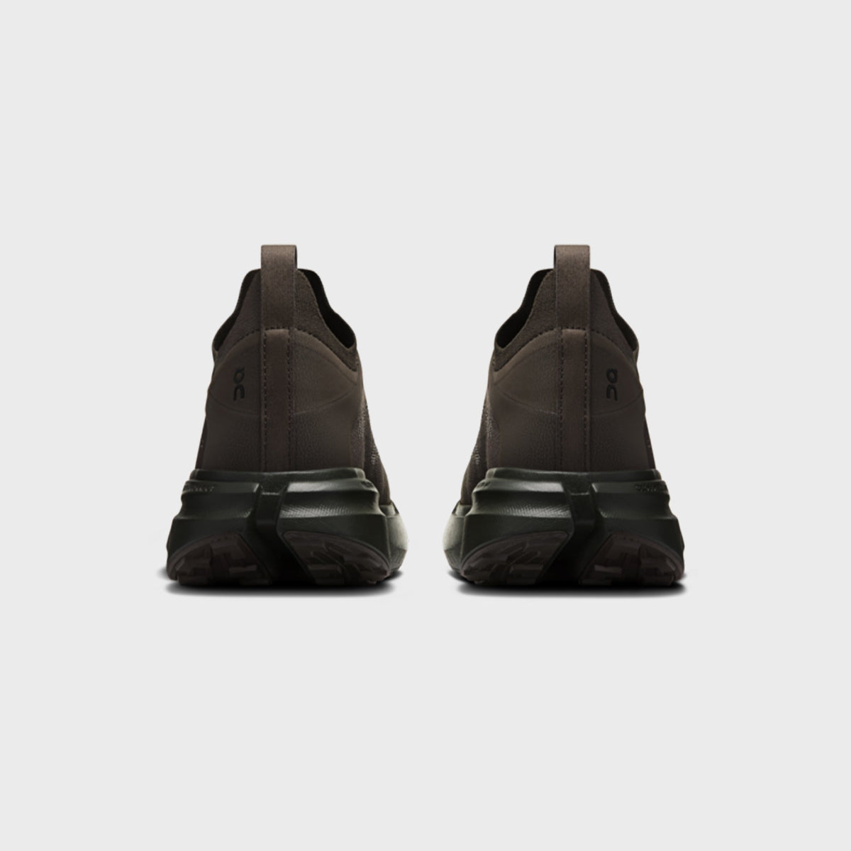 On x Post Archive Faction Cloudsoma sneaker in taupe brown, rear heel view of pair
