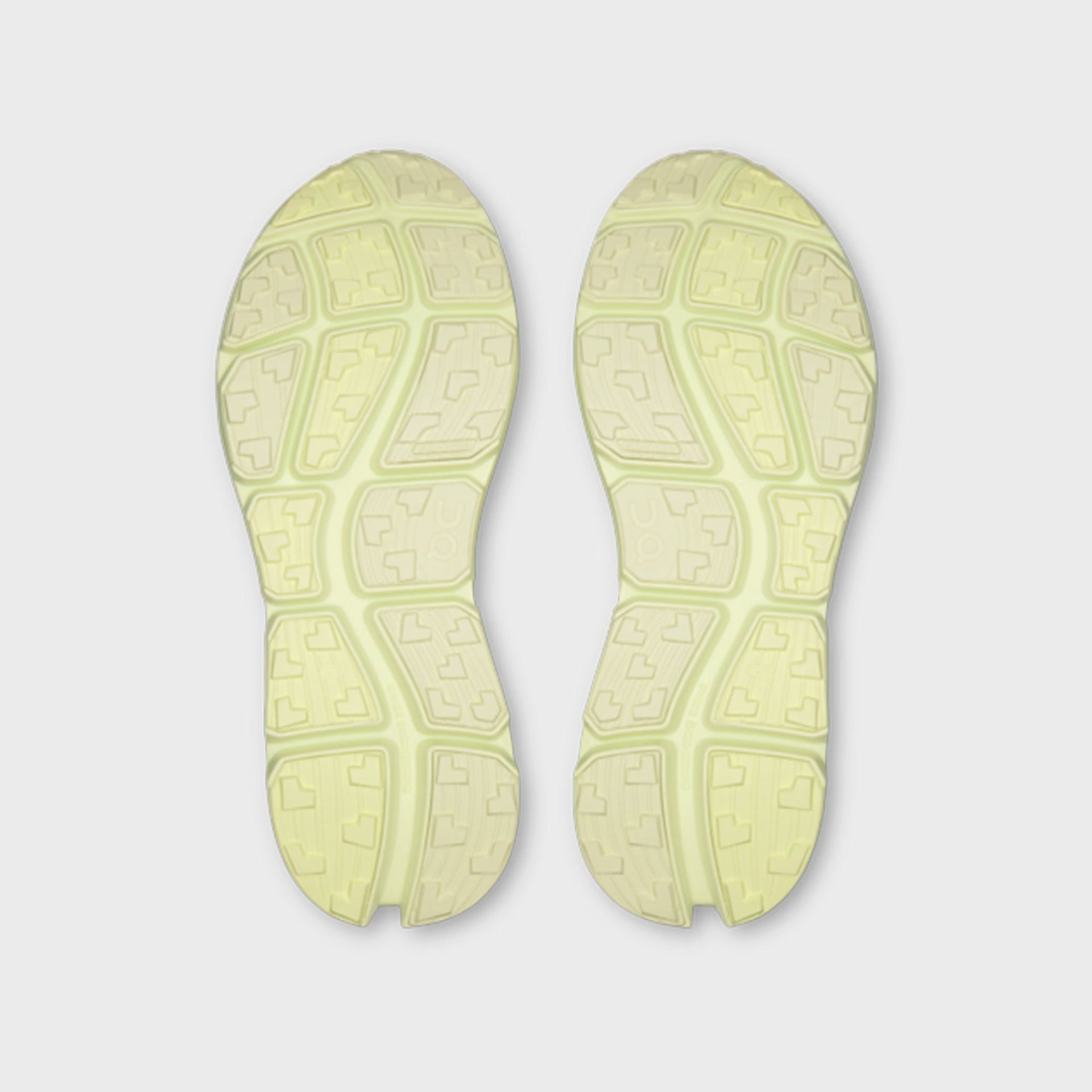 On x Post Archive Faction Cloudsoma sneaker in pale lime green, outsole tread view of pair