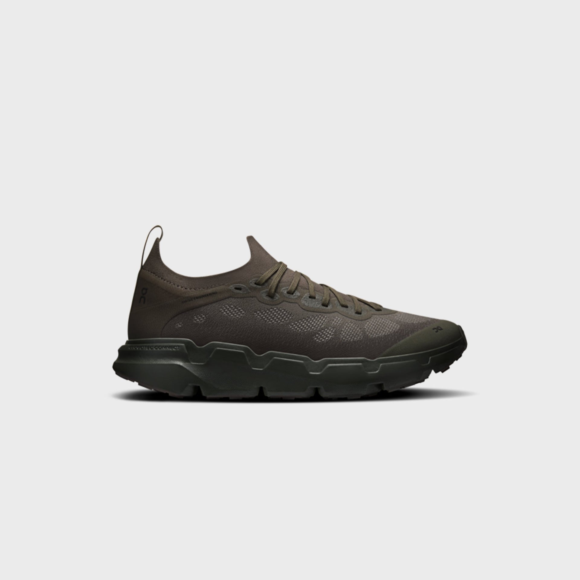 On x Post Archive Faction Cloudsoma sneaker in taupe brown with olive-green outsole, side profile view