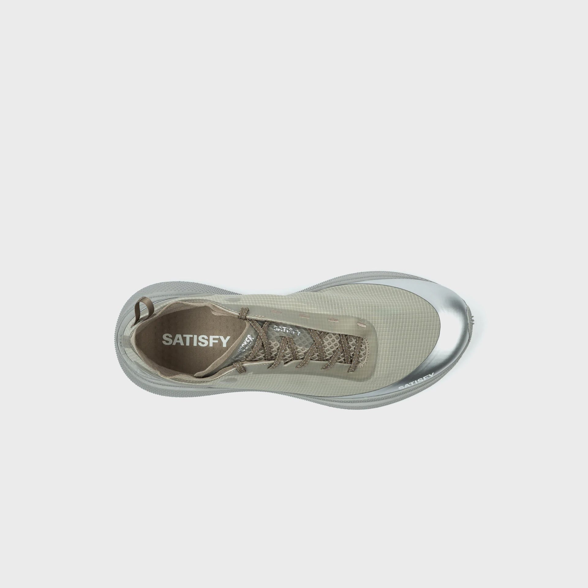SATISFY TheROCKER sneaker in aluminum grey, single shoe top-down view highlighting SATISFY wordmark on the tan insole