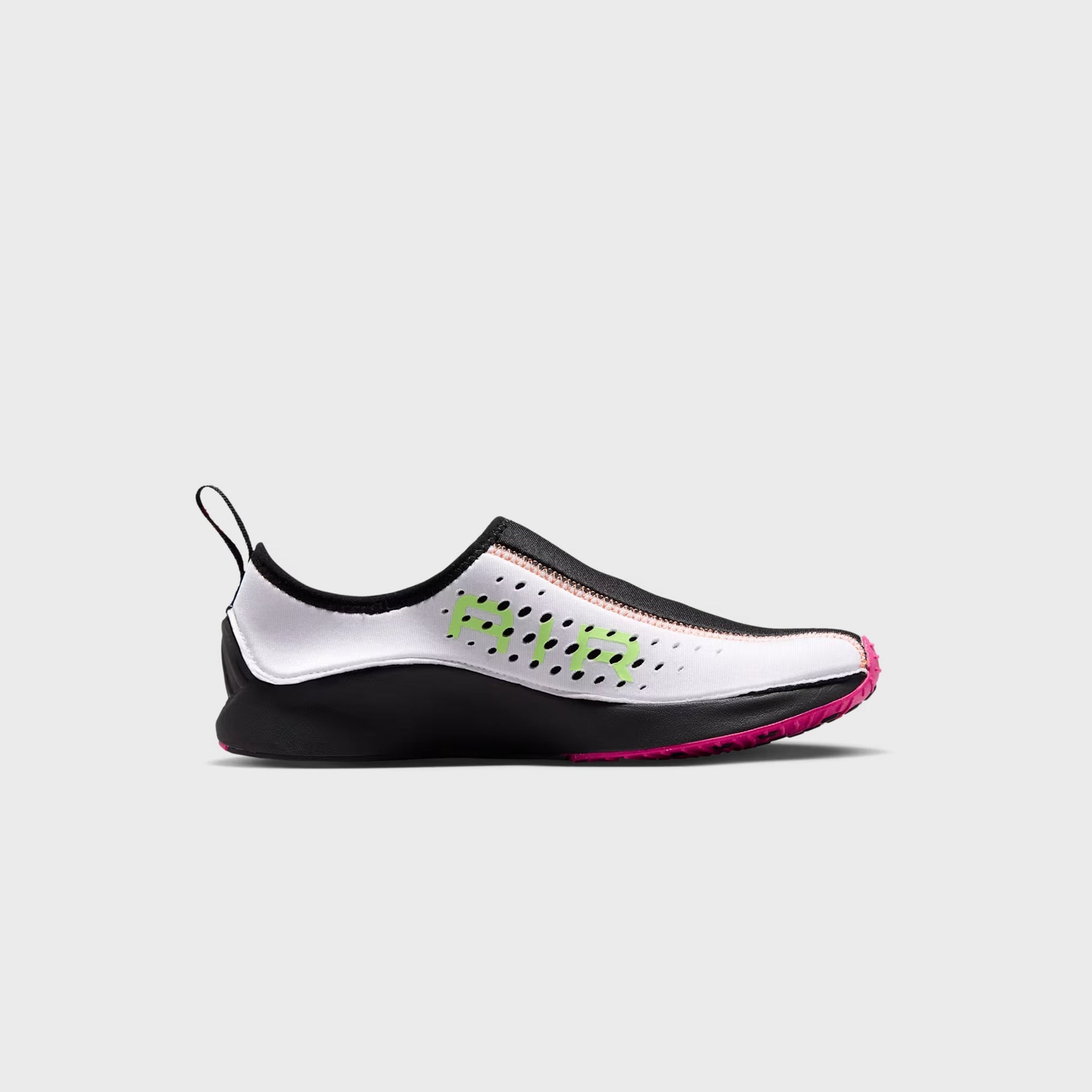 Nike WMNS Air Superfly Slip Neo SP slip-on in white with green AIR print and black collar, right shoe lateral view
