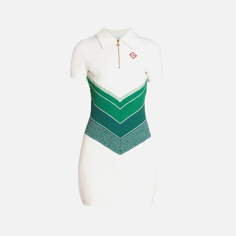 Casablanca Chevron Gradient Boucle Polo Dress - White / Green