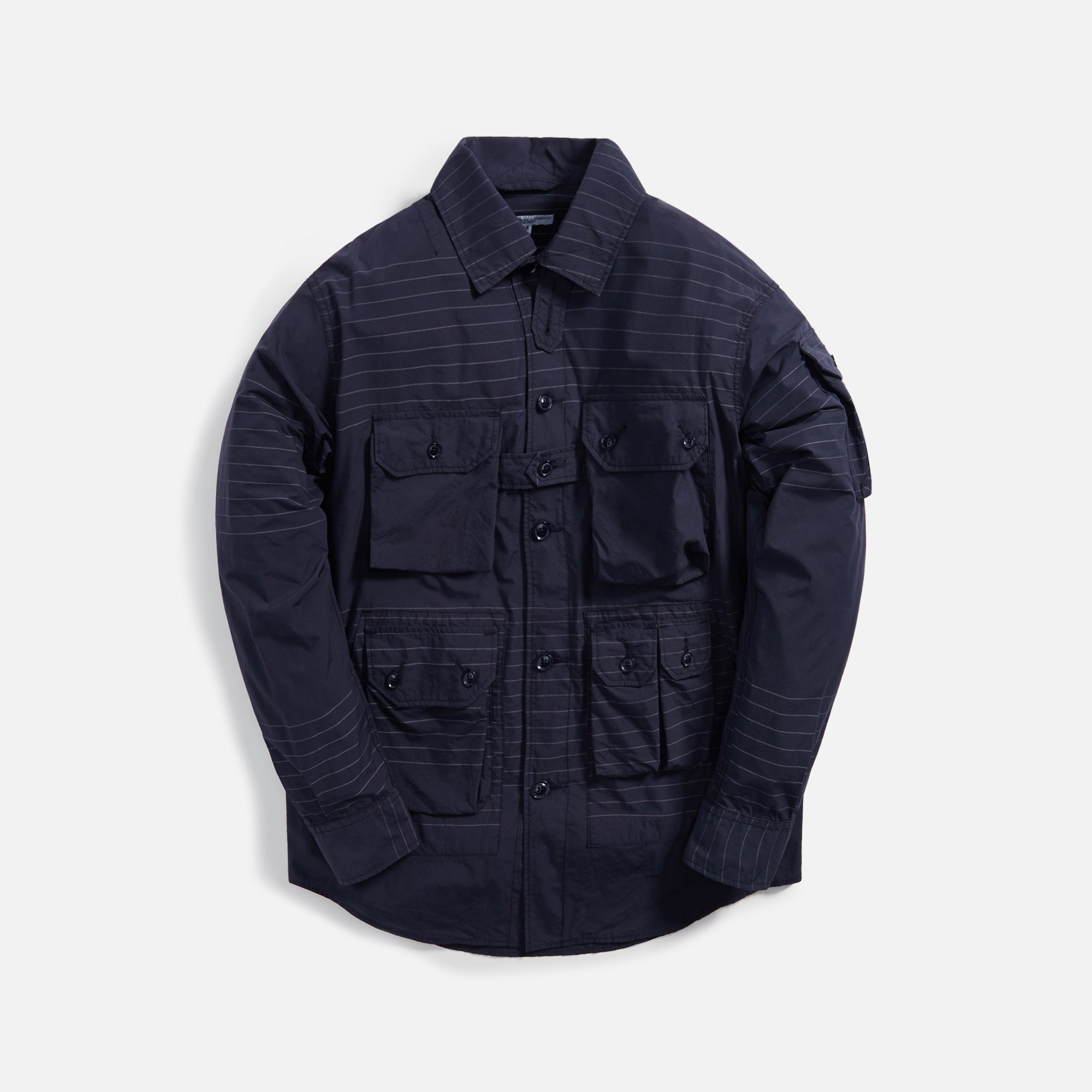 Engineered Garments Explorer Shirt Jacket Nyco Horizontal Stripe - Navy /  Grey