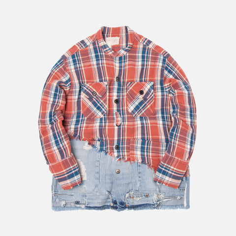 Greg Lauren 50/50 Plaid Denim Boxy Studio Shirt - Red