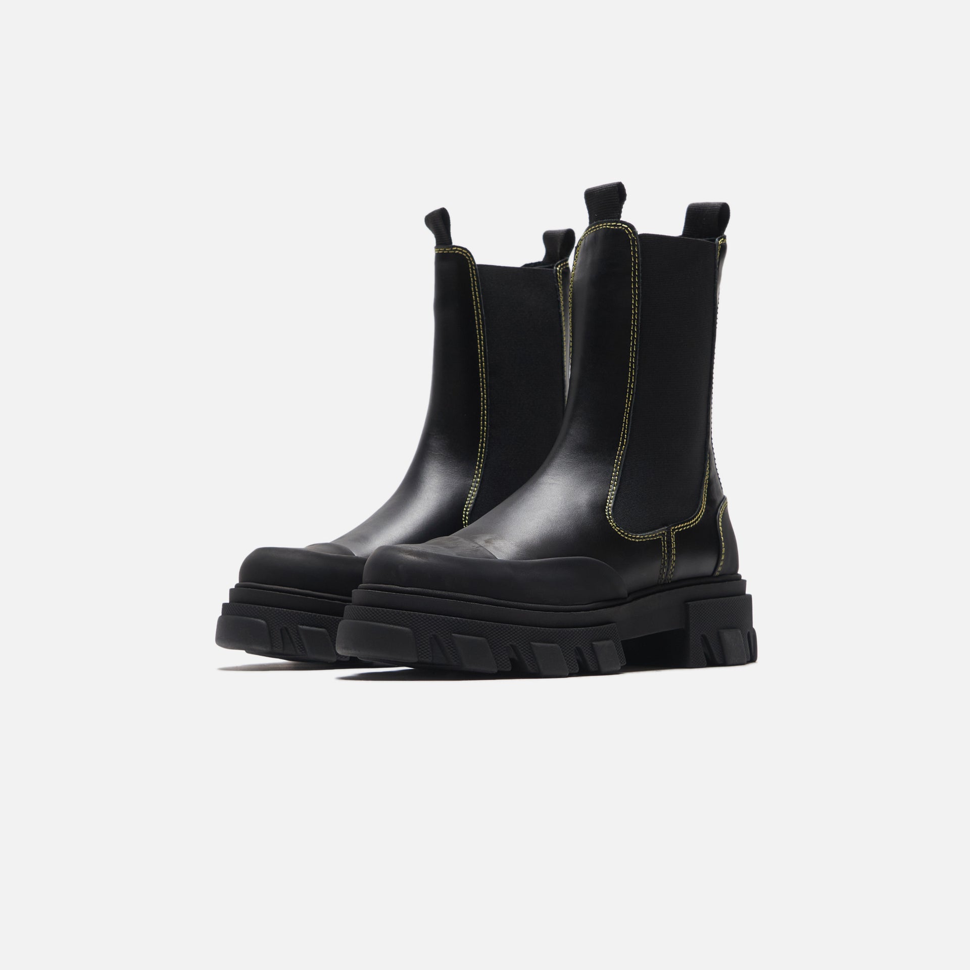 Ganni Mid Chelsea Yellow Stitch Boot - Black