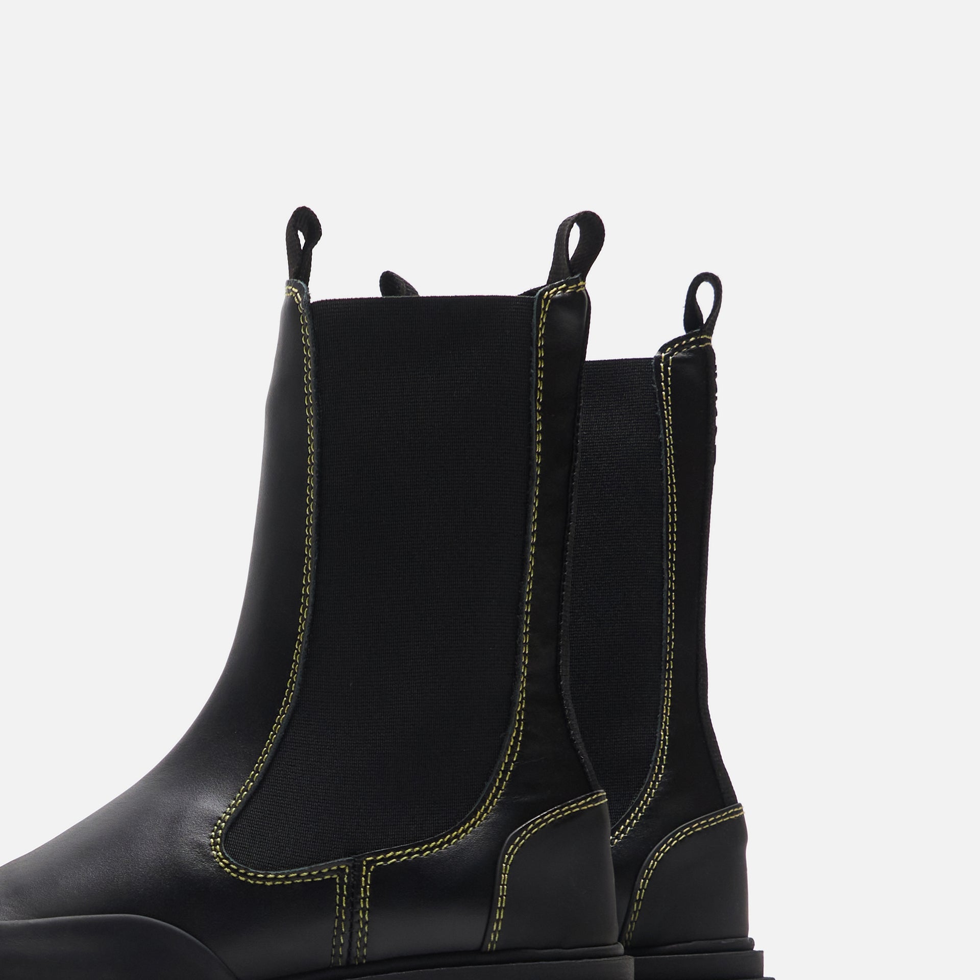 Ganni Mid Chelsea Yellow Stitch Boot - Black