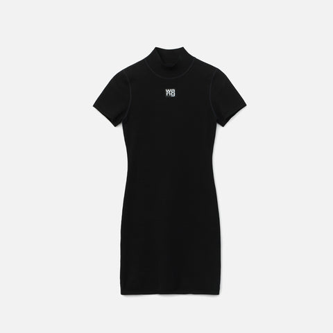 T by Alexander Wang Bodycon Crewneck Tee Dress with Logo Patch - Black