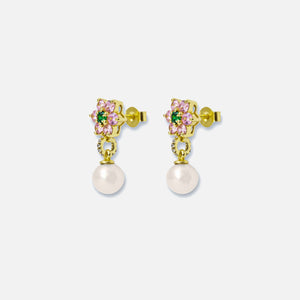 VEERT Pink & Green Flower Freshwater Pearl Earrings - Yellow Gold